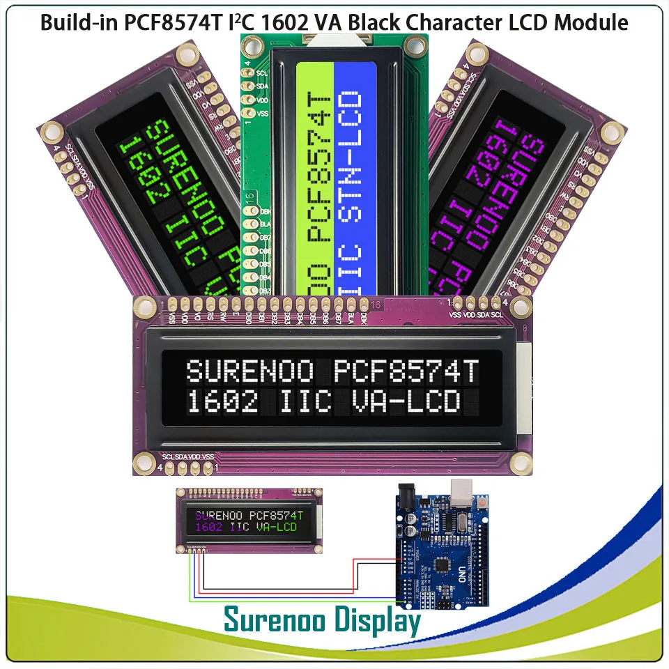 Surenoo PCF8574T PCF8574 IIC I2C 162 16X2 1602 Character LCD Module Display Screen Panel VA White Purple Green LED dla Arduino