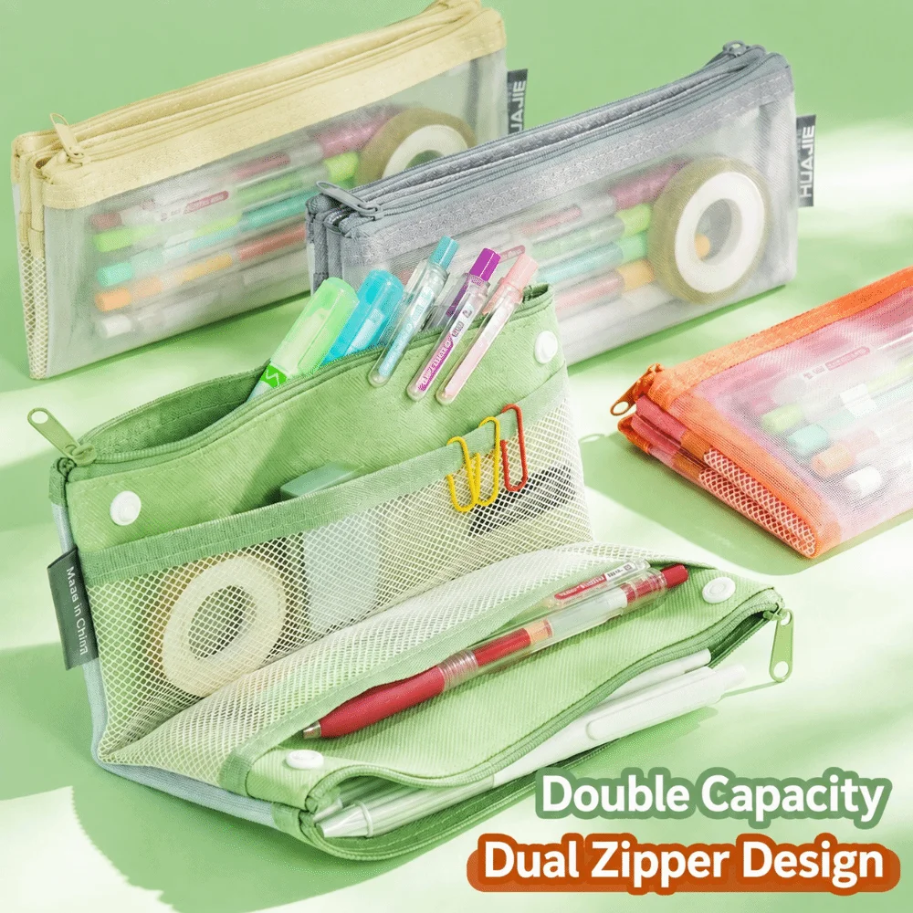 Portable Foldable Mesh Pencil Case Snap Button Large Capacity Pencil Pouch Double Layer Pen Bag Gift