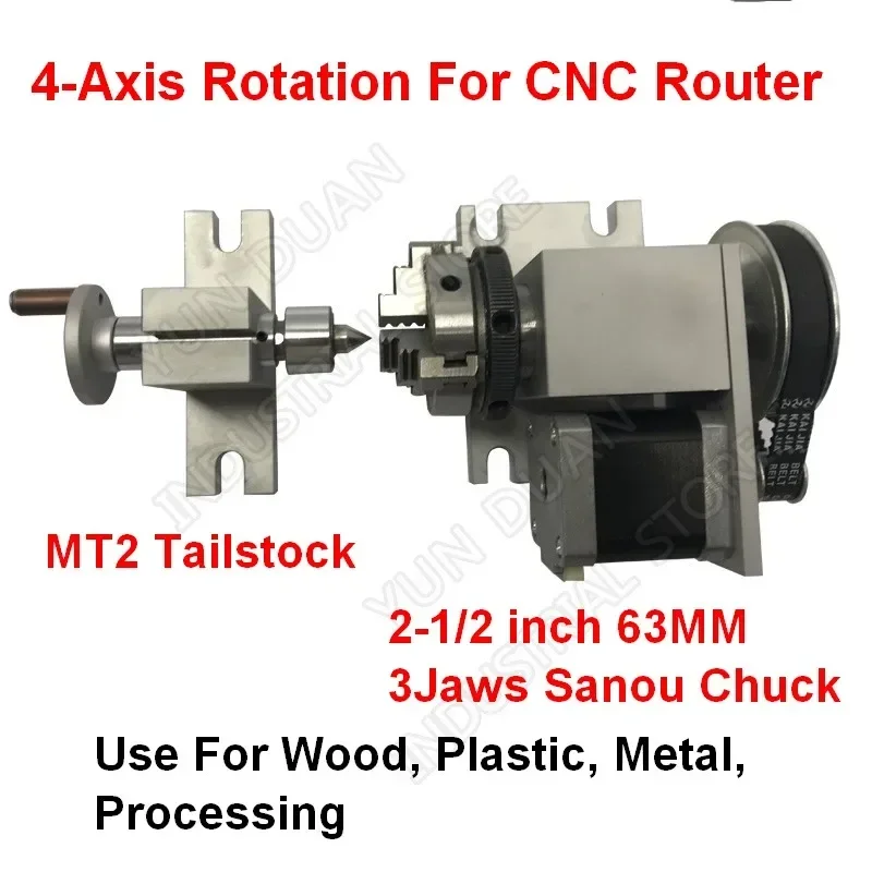 

4 axis, rotation, A axis 4th rotary& 3 jaws Sanou K01-63 2.5inch 63mm chuck & MT2 Tailstock For Router Woodworking CNC