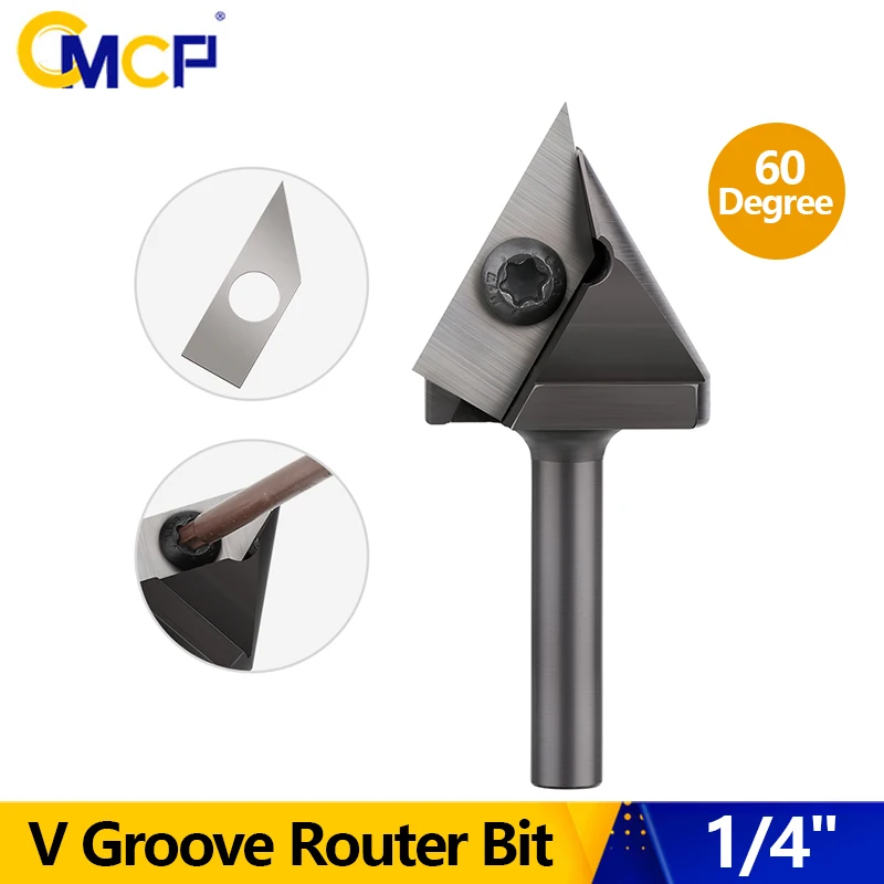 

CMCP 1/4" CNC Insert V-Groove Slotting Router Bit 60 Degree V Bit 6mm Shank Woodworking Chamfering 3D Engraving Milling Cutters