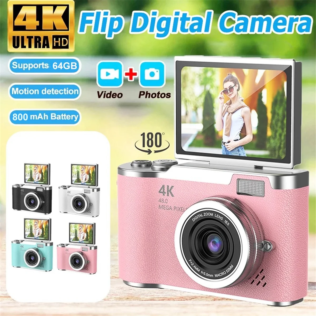 

A20M 4K CCD 8X Digital Zoom Camera for Student 48MP Compact Digital Photography Camera 180 Flip Screen Selfile Camera Black
