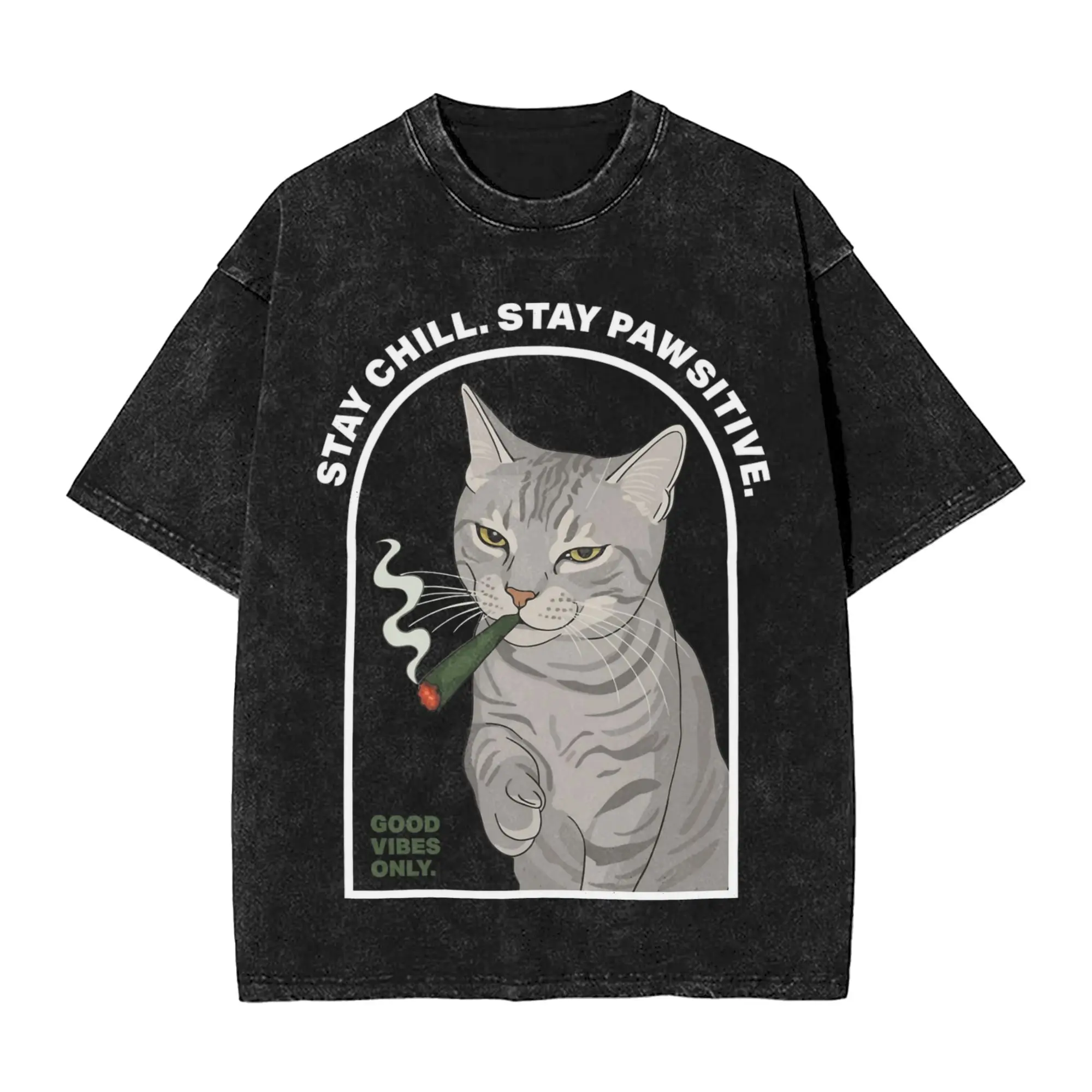 Washed T Shirts Cat Smoking Stay Chill Stay Positive Hip Hop Vintage T-Shirt Oversize  Streetwear Cotton Tops Tees for Men Women