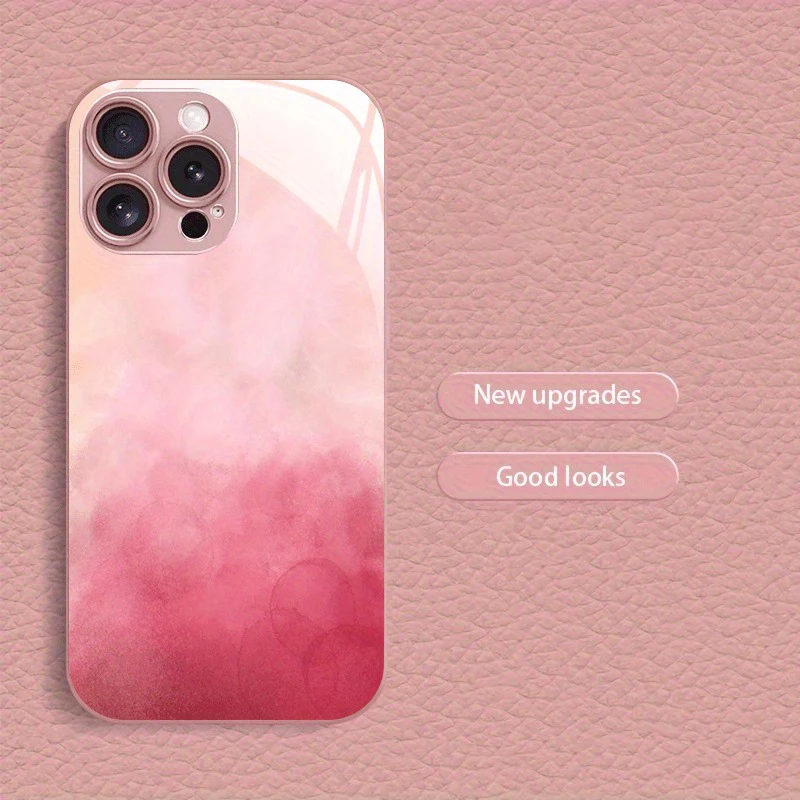 Funda de teléfono dura de cristal con pintura metálica rosa y patrón degradado rojo para iPhone 17 16 15 14 13 12 11 Pro Max Plus 16E 17Air