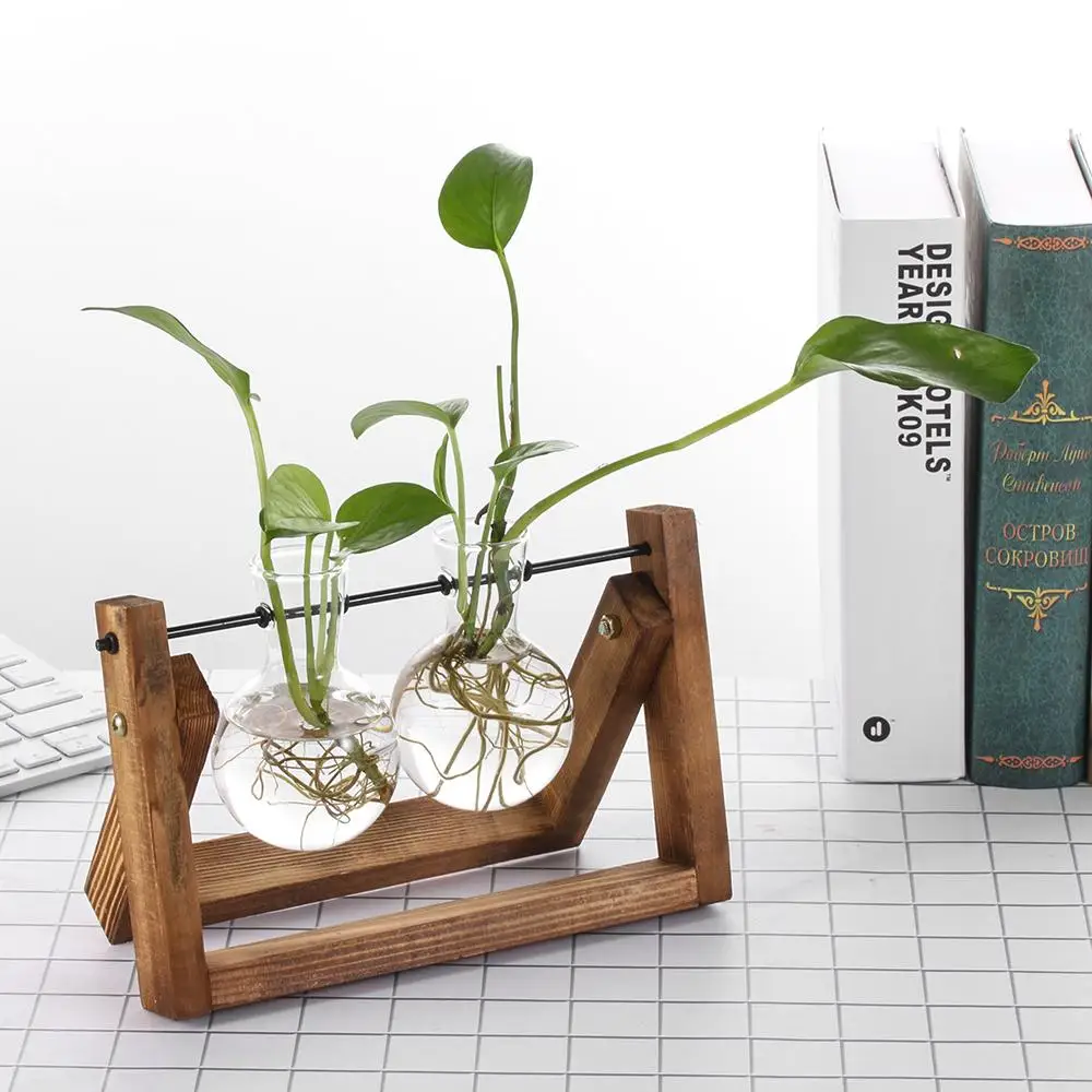 Terrarium Hydroponic Plant Vases Vintage Flower Pot Transparent Vase Wooden Frame Glass Tabletop Plants Home Bonsai Decor