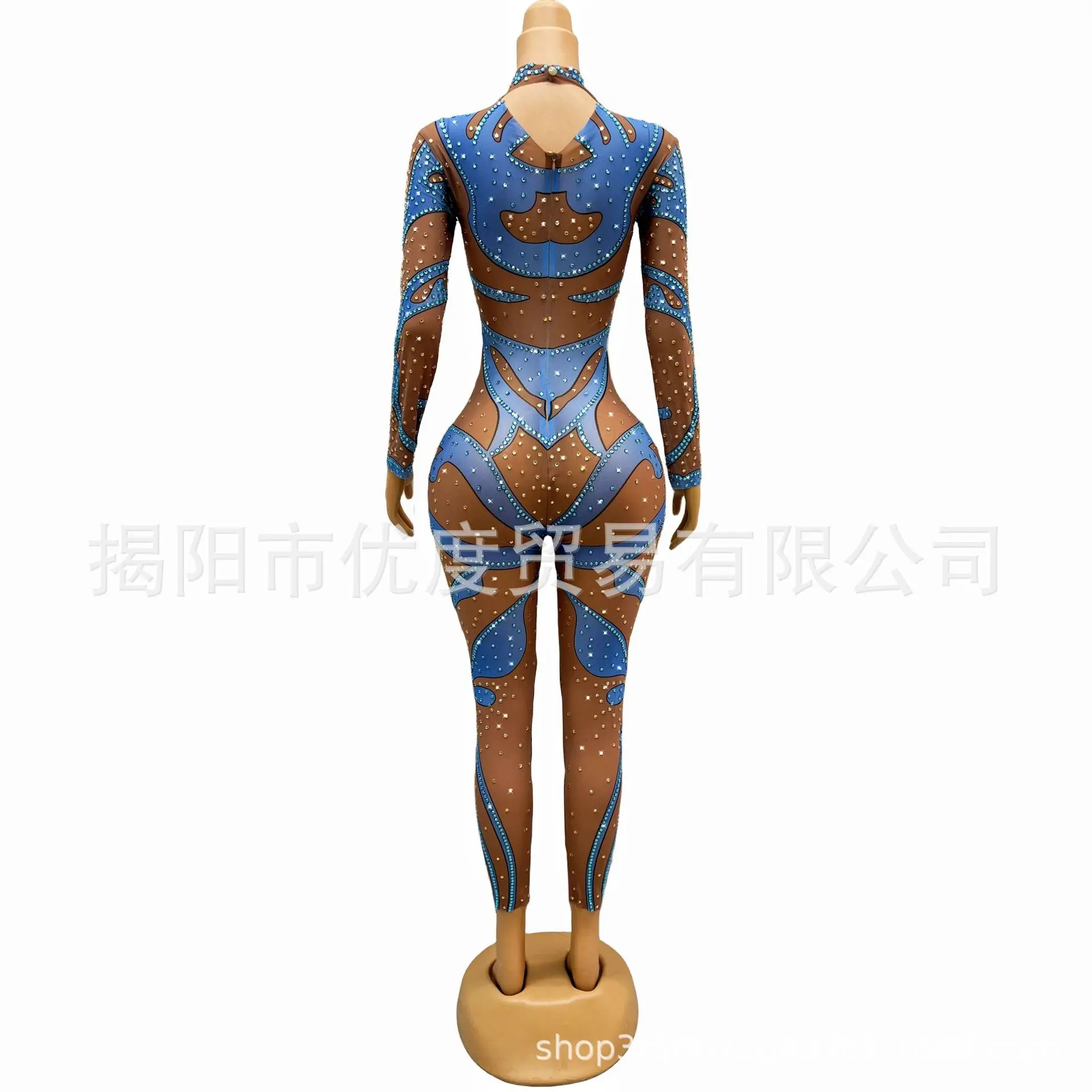 Sexy Nische Luxus Strass Mesh Slim Overall Sänger Nacht Empfang Leistung Blau Goldfisch Designer Luxus Abendkleider