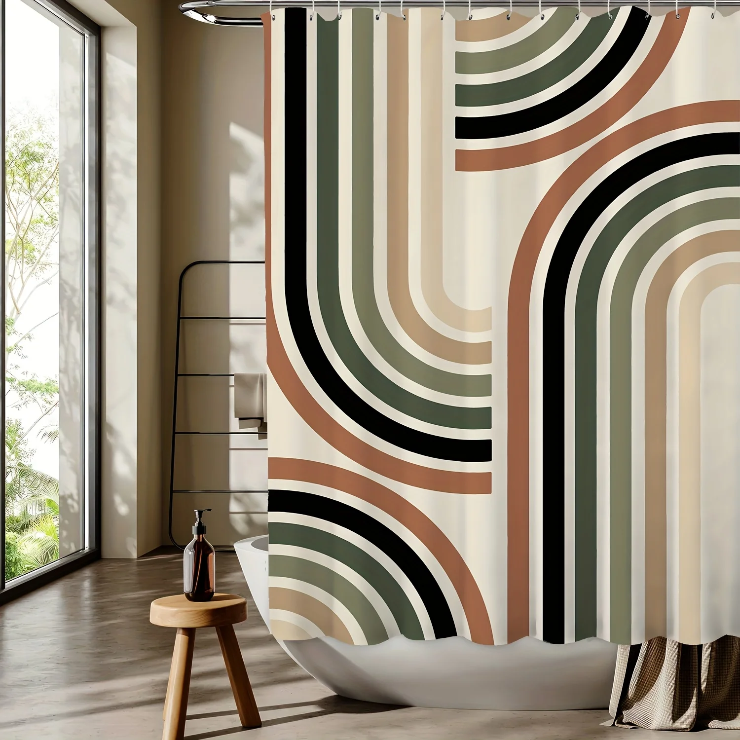 1pc Fashion Art Line Pattern Shower Curtain, Digital Print, Machine Washable, Reversible Polyester, Four Seasons Bath/Home Decor