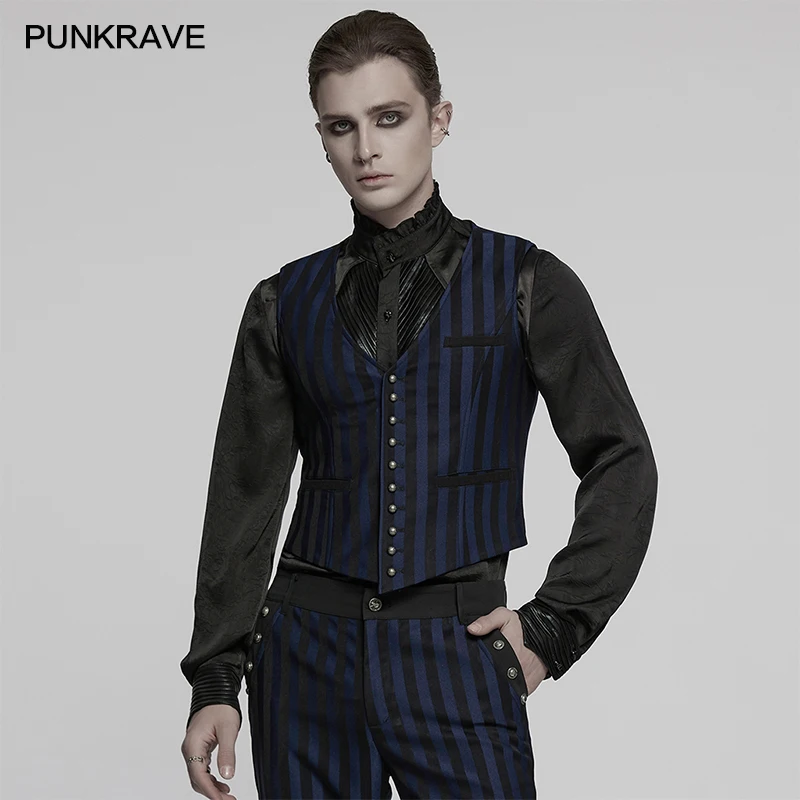PUNK RAVE Men's Steampunk High-quality Striped Suit Vest Simple Design Elegant Noble Retro Carved Buttons Tops Three Colors