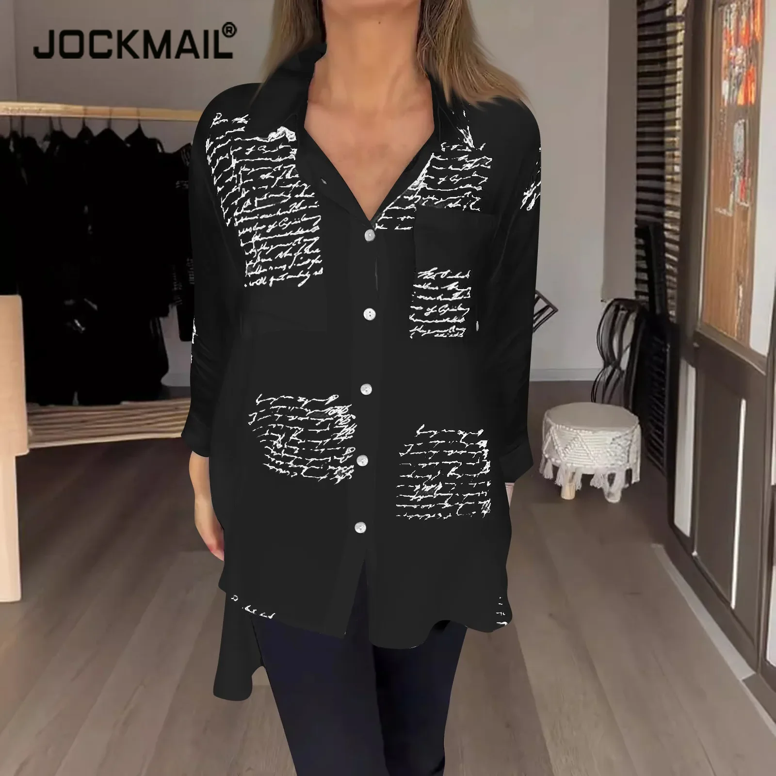 Women Fashion Long Sleeve Button Shirt Blouses 2024 Turn Down Collar Letter Print Shirts For Women Casual Loose Office Shirts