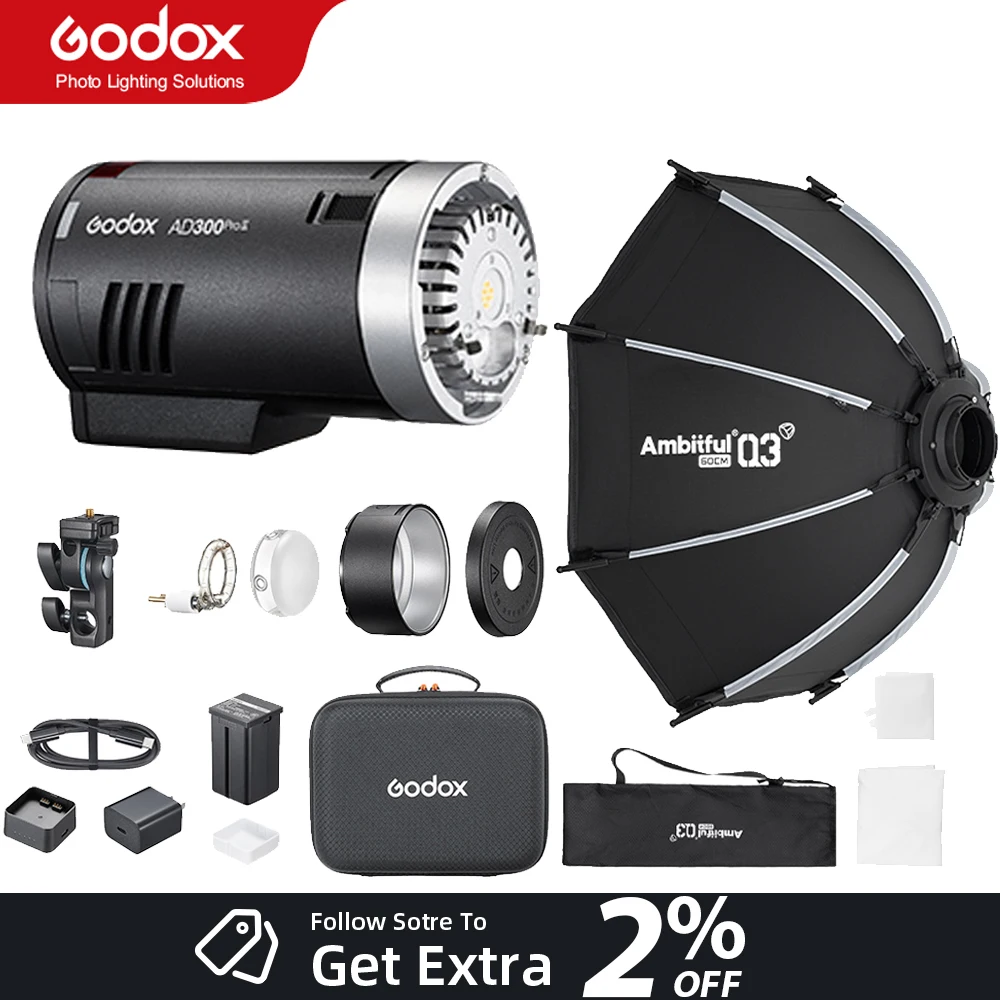 Godox AD300PROII Speedlite & Q3 40/60cm Softbox Flash Strobe Light TTL HSS 12W Bi-color Modeling Lamp SA-GD Speed Ring Soft box