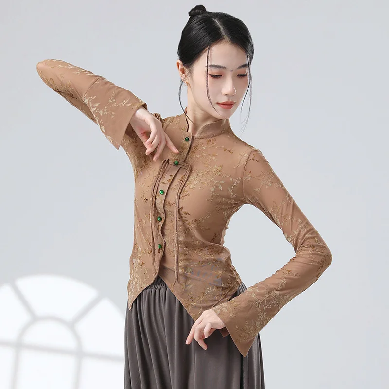 UMI MAO New Chinese Top Women\'s Mesh Classical Dance Dance Dress New Slim Fit Long Sleeved Performance Clothing Femme