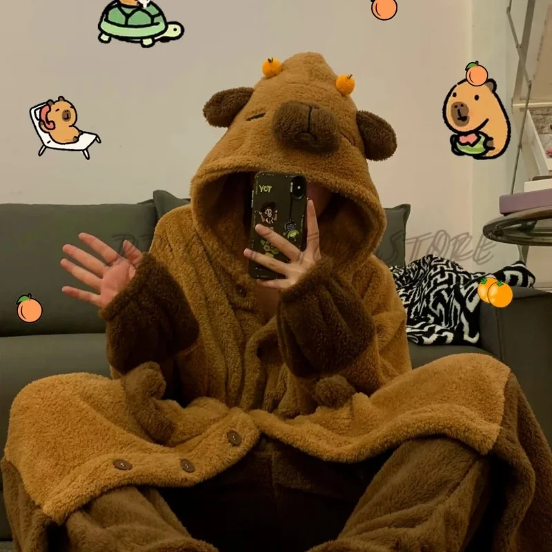 Cartoon Animal Capybara Pajama Set Cosplay Winter Soft Plush Jumpsuit Adults Anime Velvet Pajama Night Robe Clothes Suit Gift