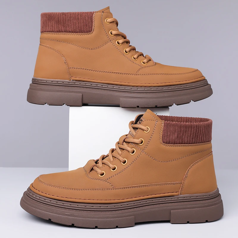 

New Autumn Winter Men High Top Shoes Fashion Motorcycle Leather Boots Outdoor Leisure Ankle Boots Comfortable Male Lace-Up Botas