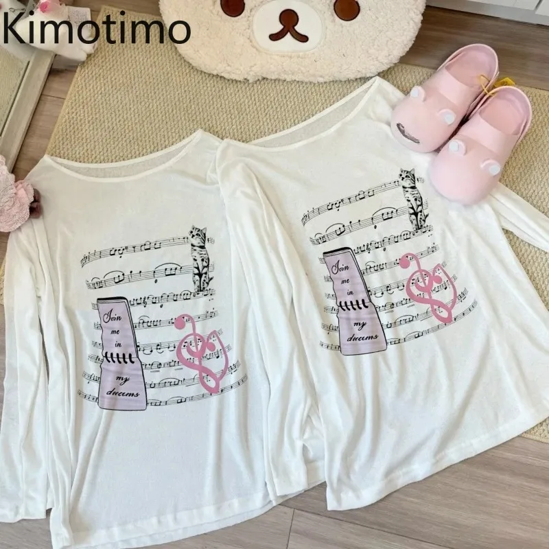 Kimotimo Japanese Cute Musical Note Cat Print White Tshirts Women Sweet Y2k Aesthetic Thin Long Sleeve Tops Casual Harajuku Tees