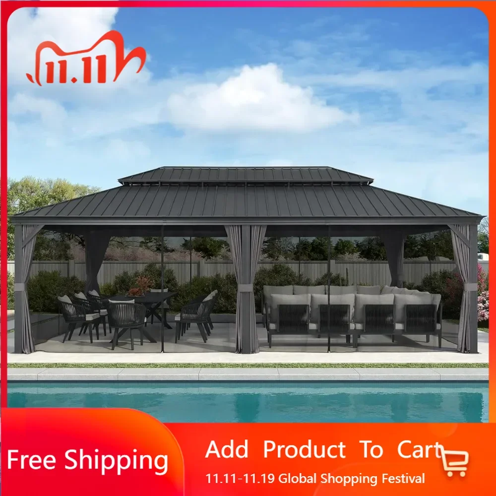 14 'X 24' outdoor aluminum hardtop cool, equipped with curtains and mesh, gray