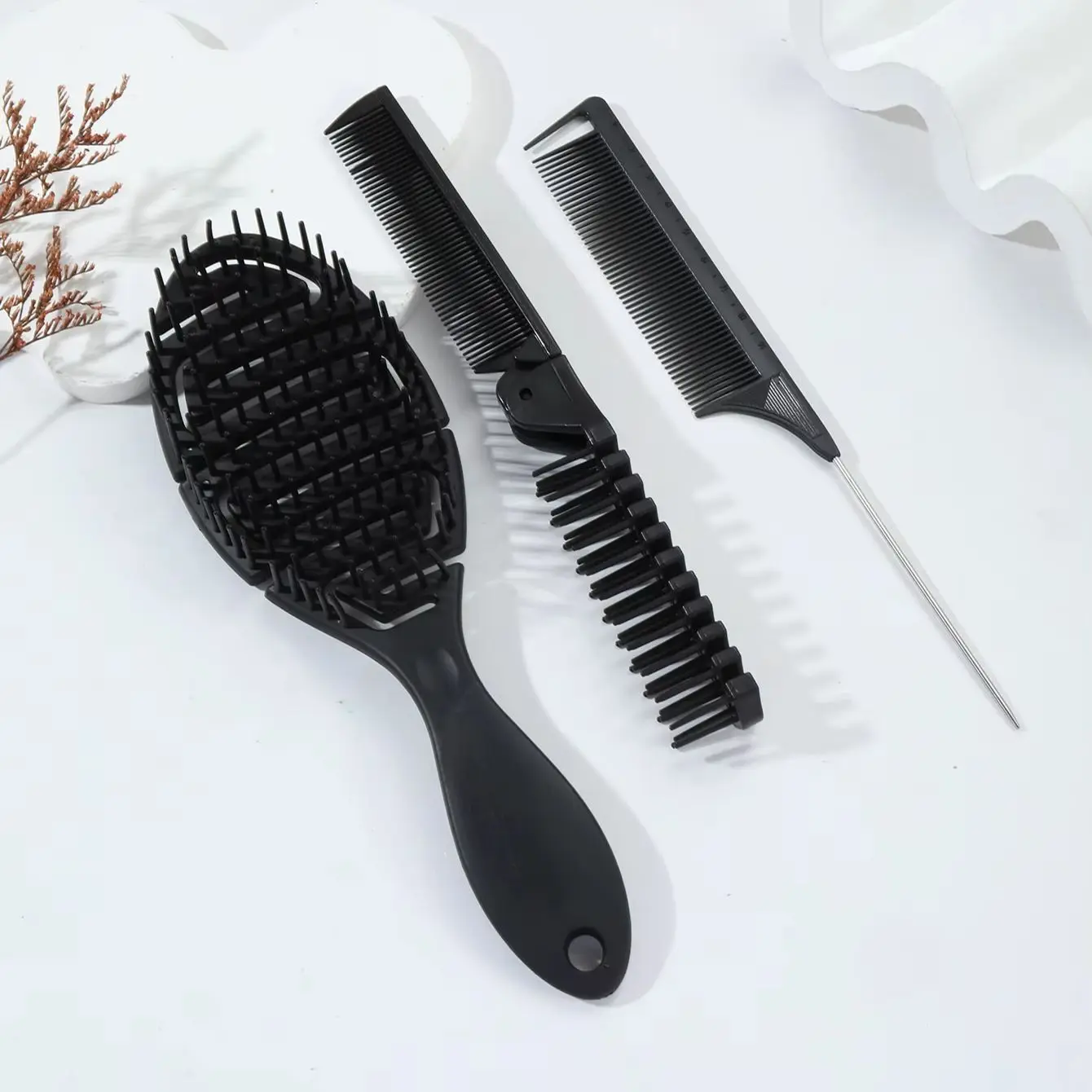 مجموعة مشط شعر مكونة من 3 قطع، مشط محمول قابل للطي، فرشاة تدليك فروة الرأس، مشط ذيل الفئران بإبرة معدنية خاصة للشعر المستعار الحقيقي