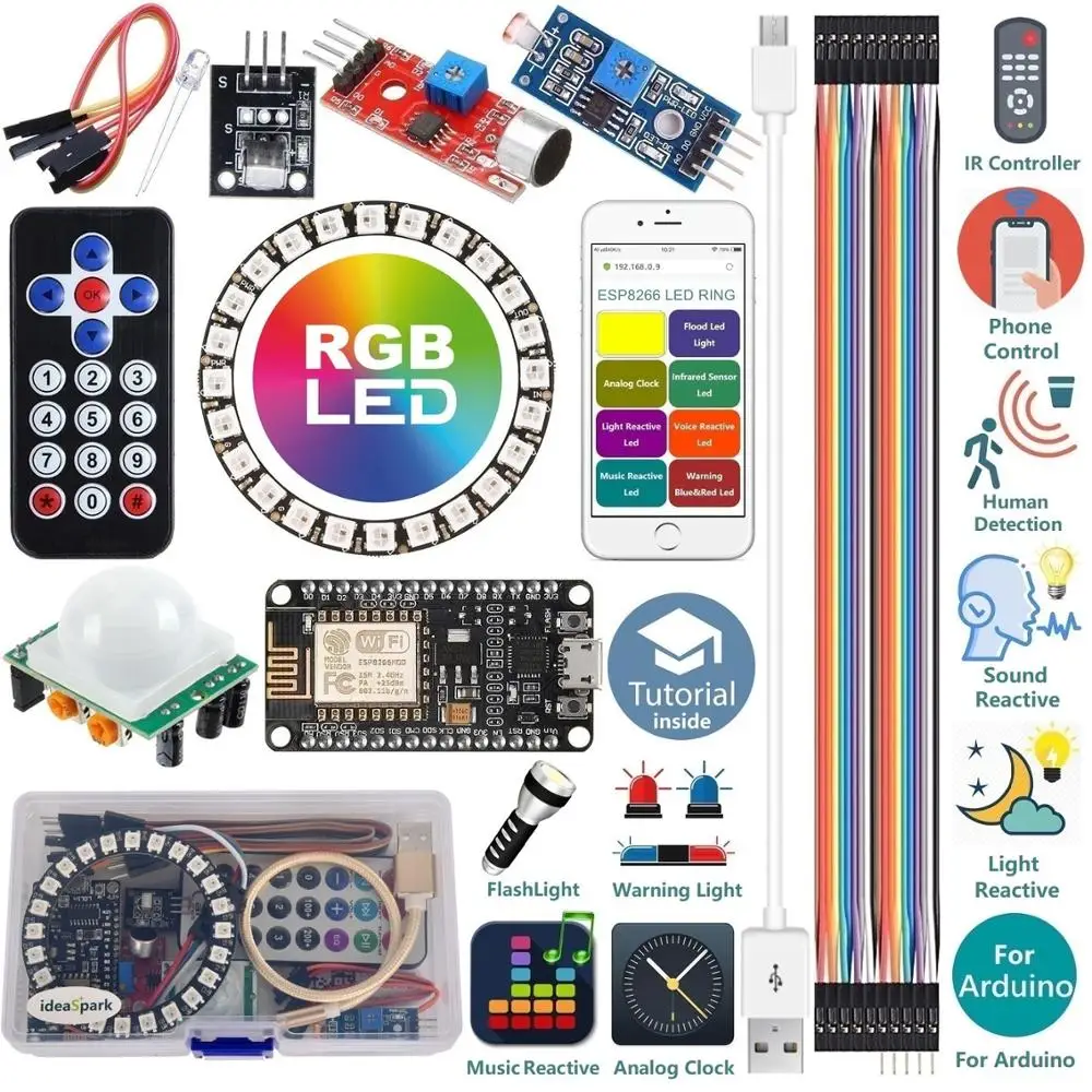 Starter Kit for Arduino Kit ESP8266 LED Ring Strip RGB 24 Bits WS2812B Sound/Music Reactive,Analog Clock,Warning/Detection/Flash