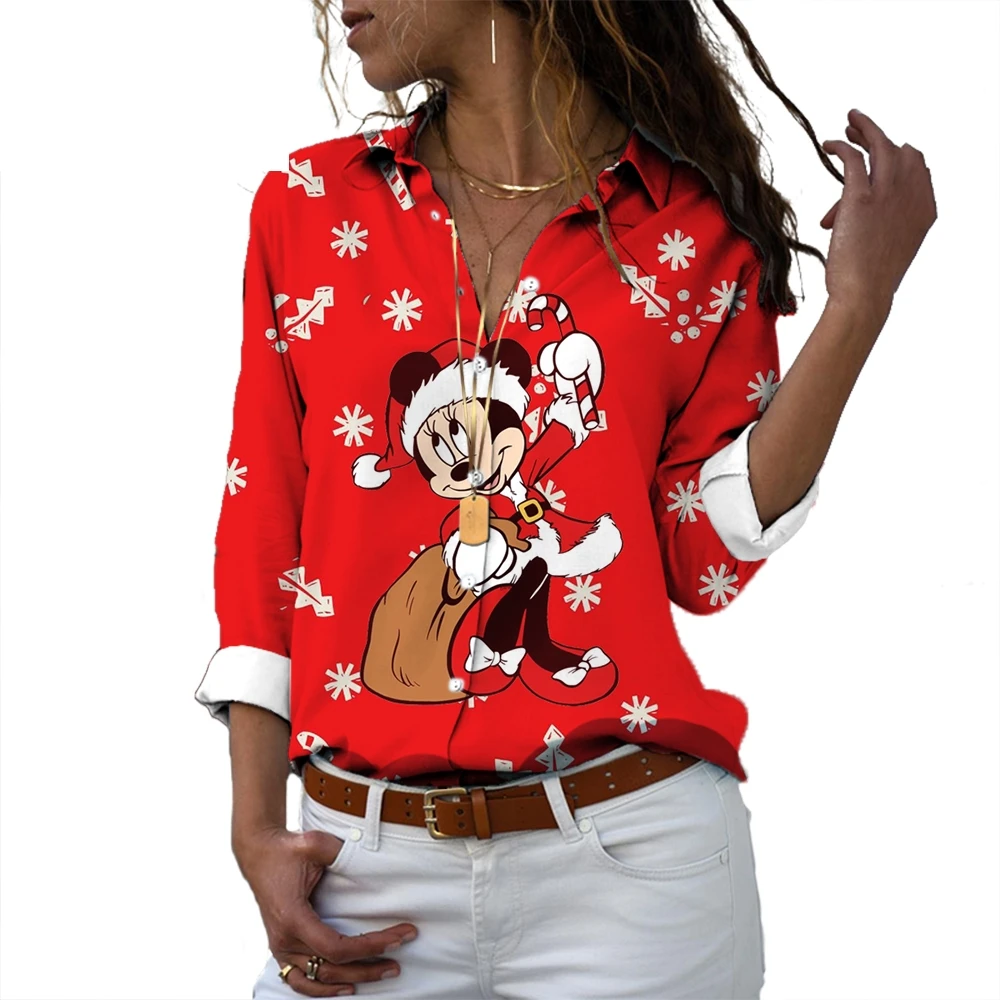 

2024 New Mickey and Minnie Cartoon Pattern Print Fashion Street Harajuku Women's Long Sleeve Shirt Lapel Cute Casual Shirt