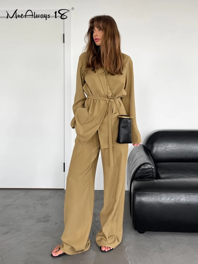 

Mnealways18 Khaki Office Pants Sets Two Pieces Women Lace-Up Shirts Outfits Autumn Winter 2024 Casual Wide Legs Pants Suit Lady