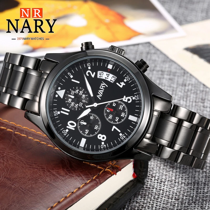 

NARY Fashion Business Men Watch Stainless Steel High Quality Luxury Push Button Hidden Clasp Waterproof Calendar Wristwatch 8005