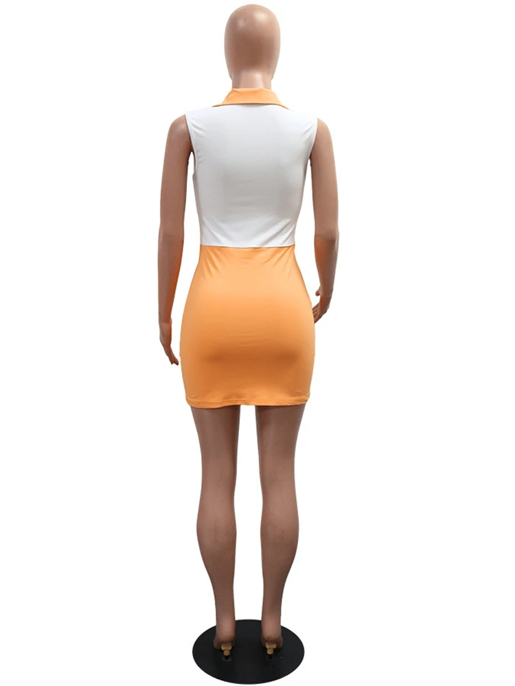 فستان قميص مرقع متباين على الموضة جديد للنساء بدون أكمام ورقبة بولو فستان قصير رياضي ملابس النادي الليلي #5