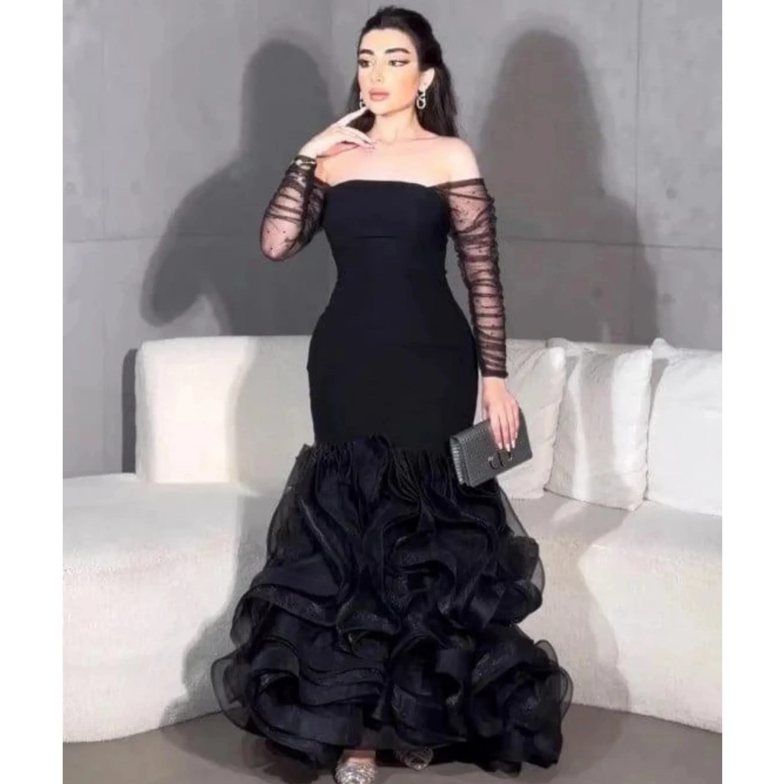 Vestidos de noite femininos de sereia preta, ombro de fora, manga completa de tule, vestidos de baile personalizados, babados, plissados, robes de soriee