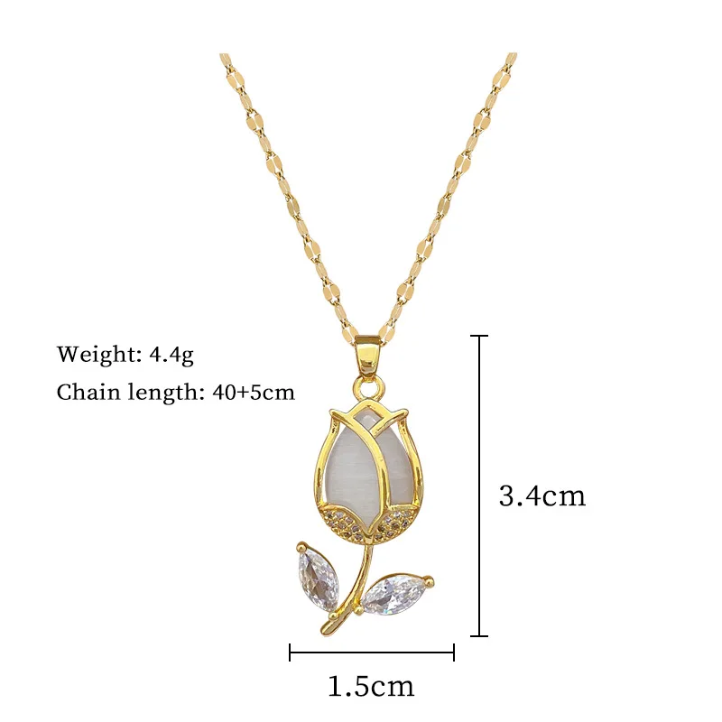 Stainless Steel Chain Classic Shiny Zircon Tulip Pendant Necklace for Women Lady Vintage Jewelry Accessories Gifts