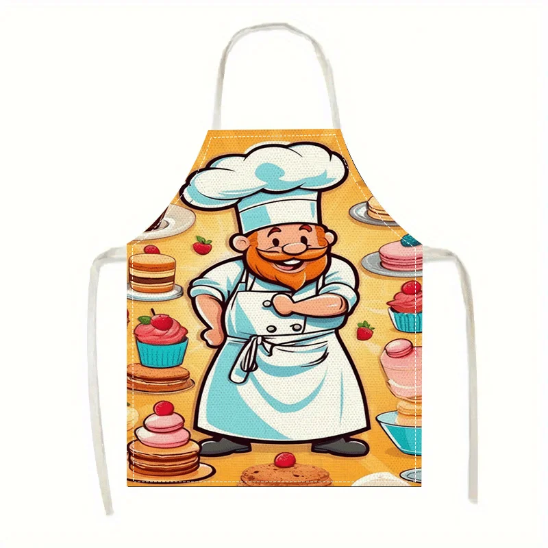 

1pc Cartoon Chef with Cakes and Sweets Apron Linen Kitchen Apron for Women Baking Cooking Party