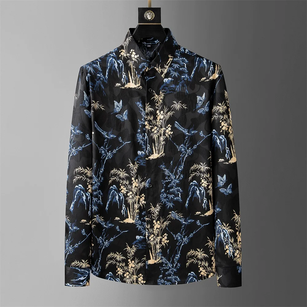 Chinese Style Printed Shirt for Men Summer Long Sleeve Casual Shirts Lightweight Breathable Business Social Streetwear Shirt