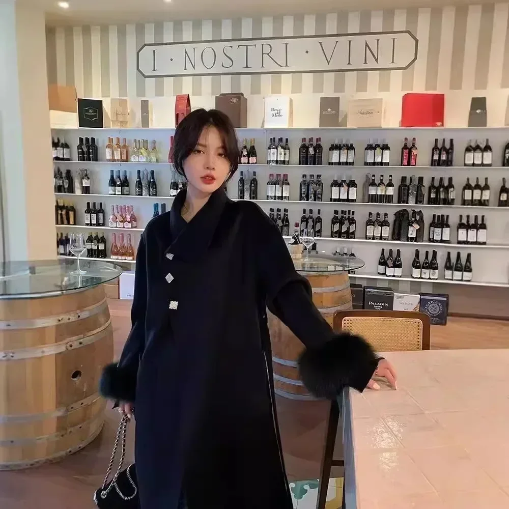 على الوجهين معطف من قماش الكشمير المرأة طويلة الثعلب الفراء طوق معطف الصوف 2024 جديد الخريف الشتاء ريال فوكس الفراء سترة معطف الصوف الإناث #2