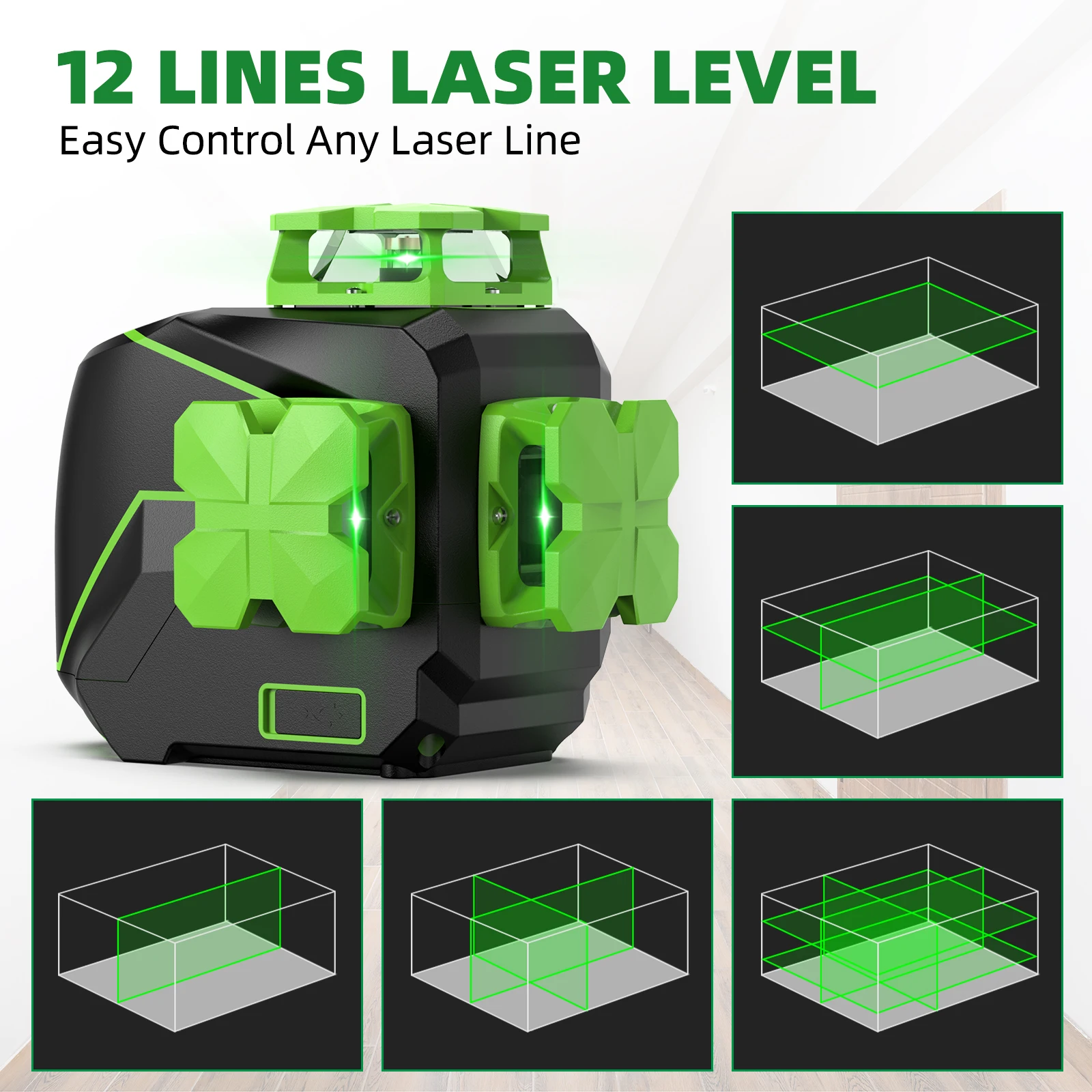 Huepar S03CG-LC 3D Cross Line Laser Level Self-leveling 12 Lines Osram Green Level Alignment Laser Tool With Li-ion Battery