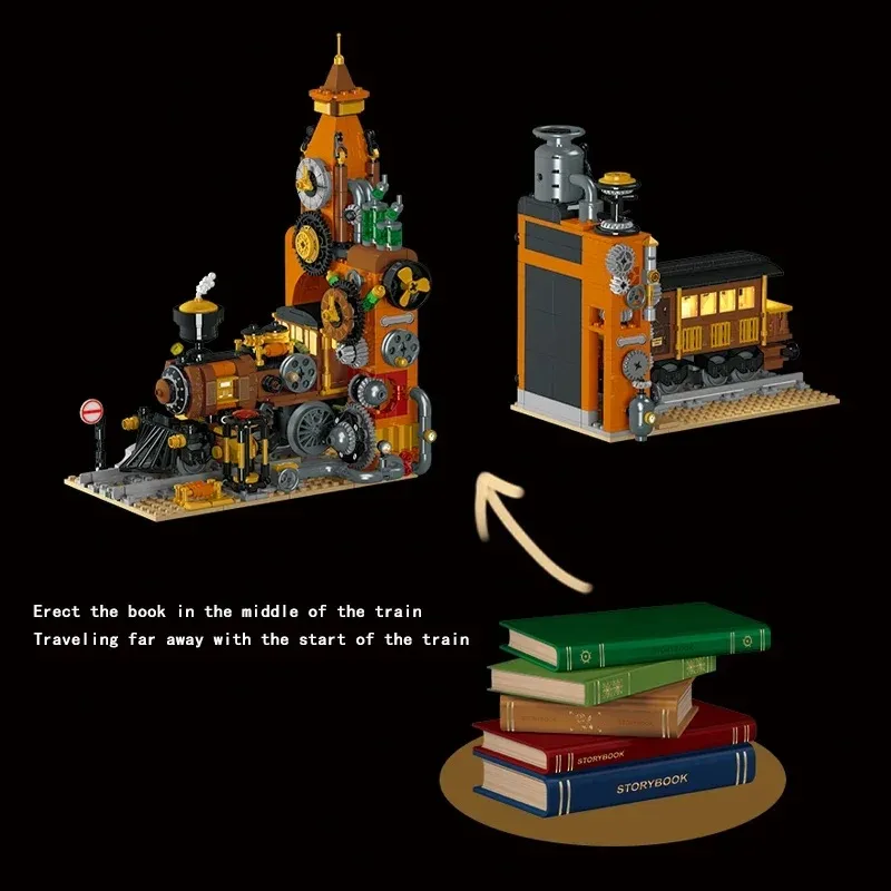 Criativo Especialista Moc XMORK Steampunk Train Bookend com Modelo Leve, Blocos de Construção Brick Puzzle, Brinquedos para Crianças, Presente, 028005, 1252Pcs