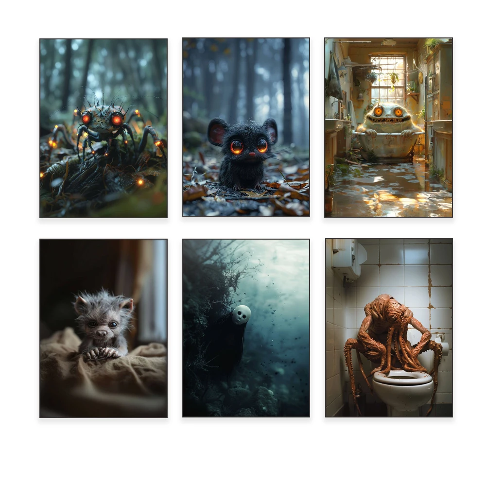 Creepy gothic painting, sad octopus monster in toilet, cute little scary creature in dark forest, strange underwater poster art