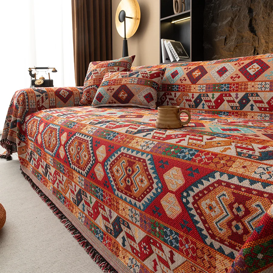 1PC Bohemian Style Sofa Cover, Vintage Sofa Blanket, Pet Scratch Proof for Bedroom Office Living Room Home Decor for New Year