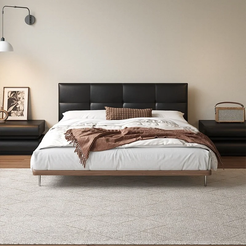 Chocolate bed Italian minimalist leather bed Master bedroom Modern ash wood black medieval solid wood bed