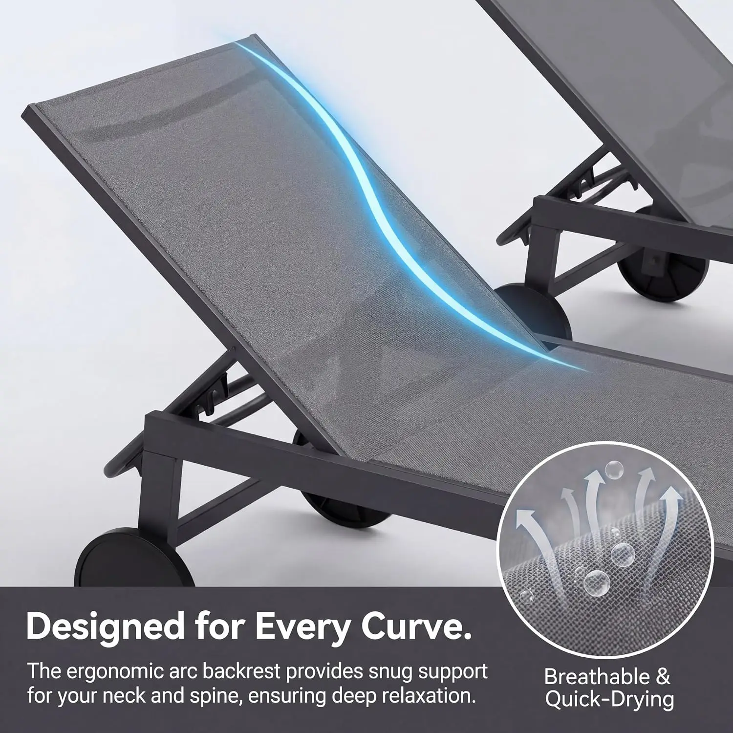 Adjustable Outdoor Chaise Lounge 2pcs, Aluminum Reclining Pool Chair with Wheels for Patio Backyard Beach, Grey, Customized