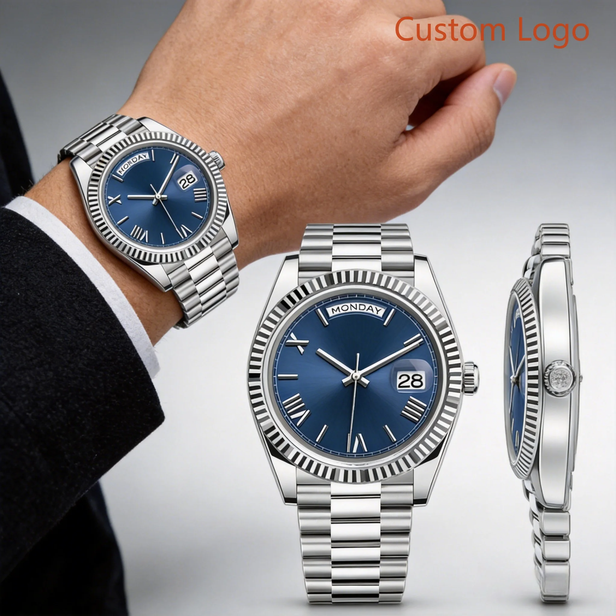 Men 41mm Watch Blue Roman Dial  Steel Bracelet Waterproof Automatic Male Customized Watches