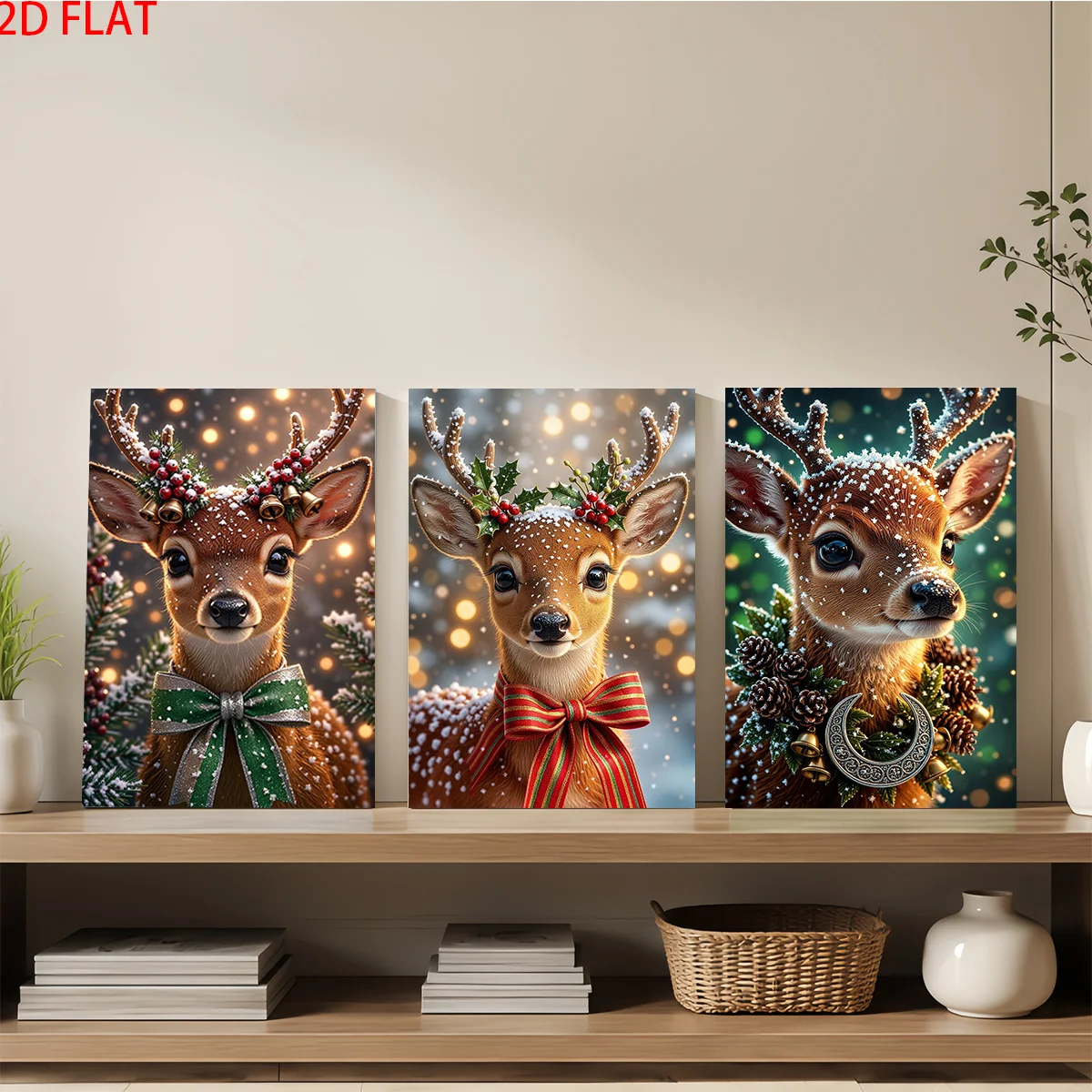 Frameless canvas 2D Flat 3pc Wood Frame Canvas Wall Art – Three canvas paintings of deer with Christmas decorations on a shel