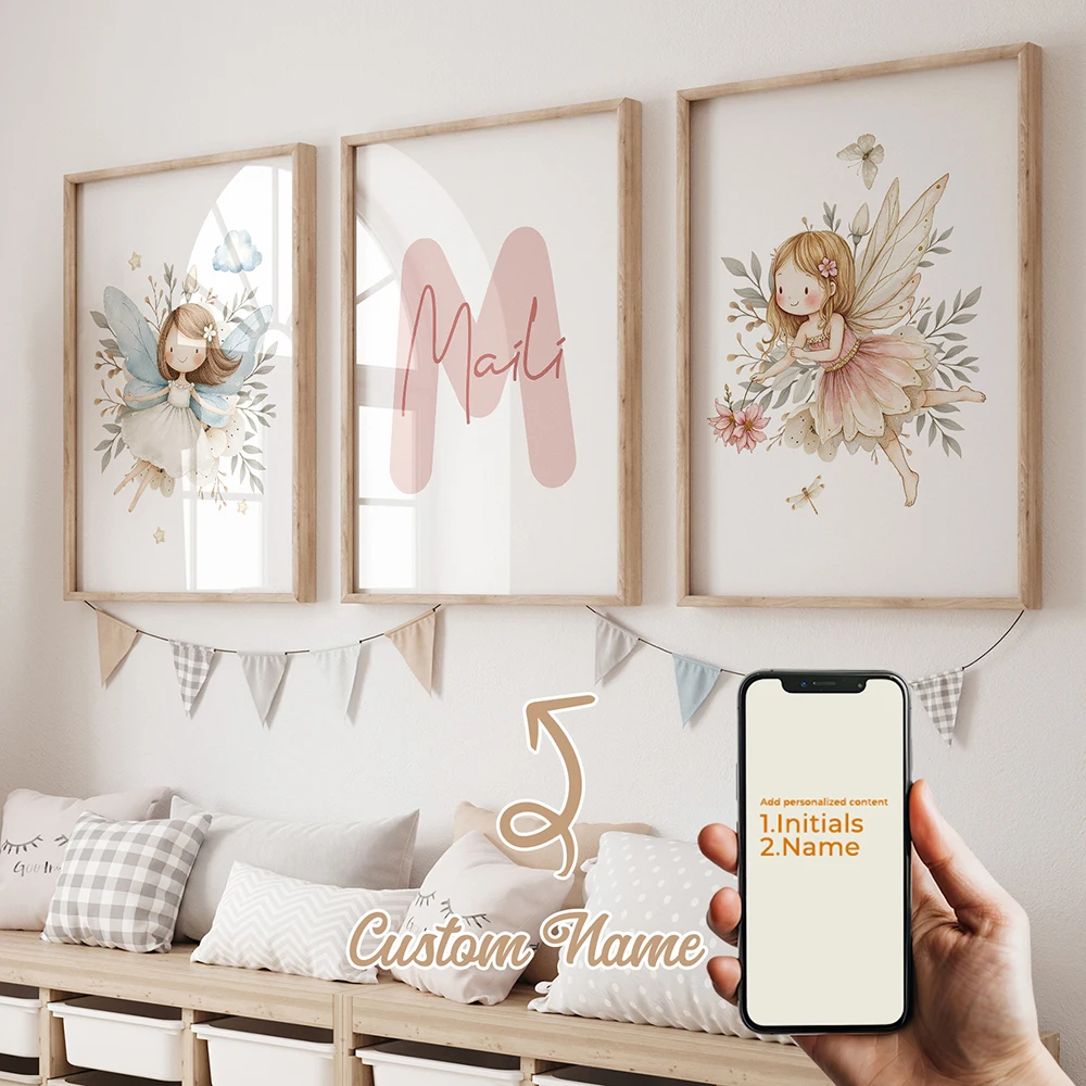 3pcs Personalized Custom Name Cartoon Child Elves Wall Art Print Picture Canvas Poster Painting For Living Room Home Decor