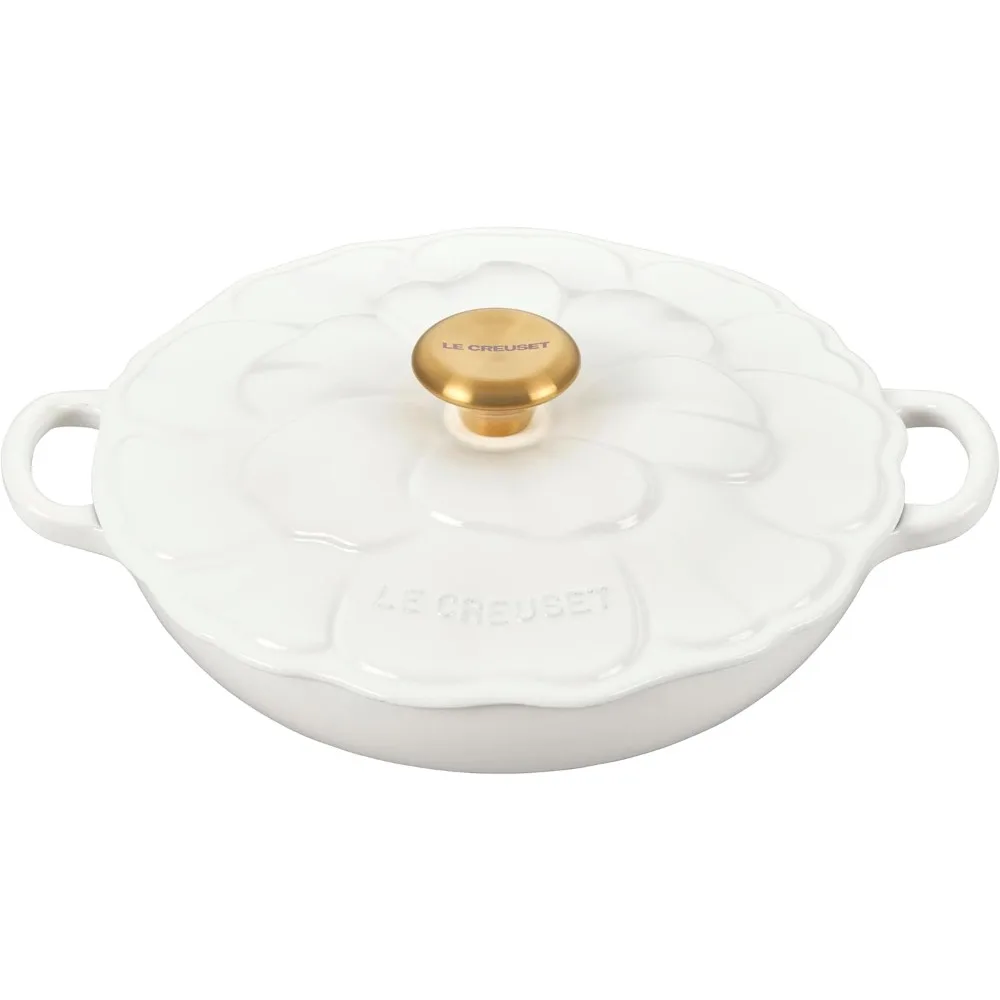 Enameled Cast Iron Petal Braiser, 2.25qt., White w/Gold Knob