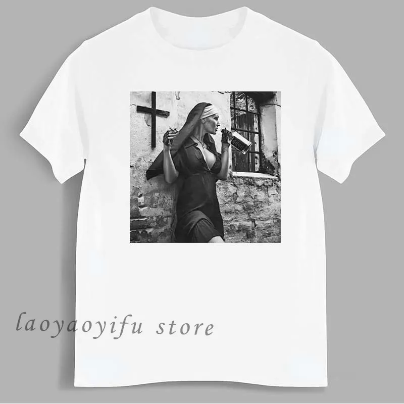 Nun Smoking Amp Drinking TShirt Bad Girls Popular Streetwear Women Men Harajuku Hip Hop Tops Oversized T Shirt Retro T Shirt