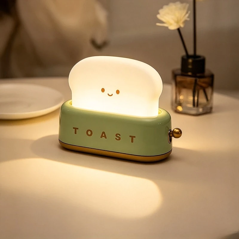 Rechargeable Toast Shape Toaster Night Light Cute Smile Face Bedside Lamp For Bedroom Living Room Home Decor Holiday Gift