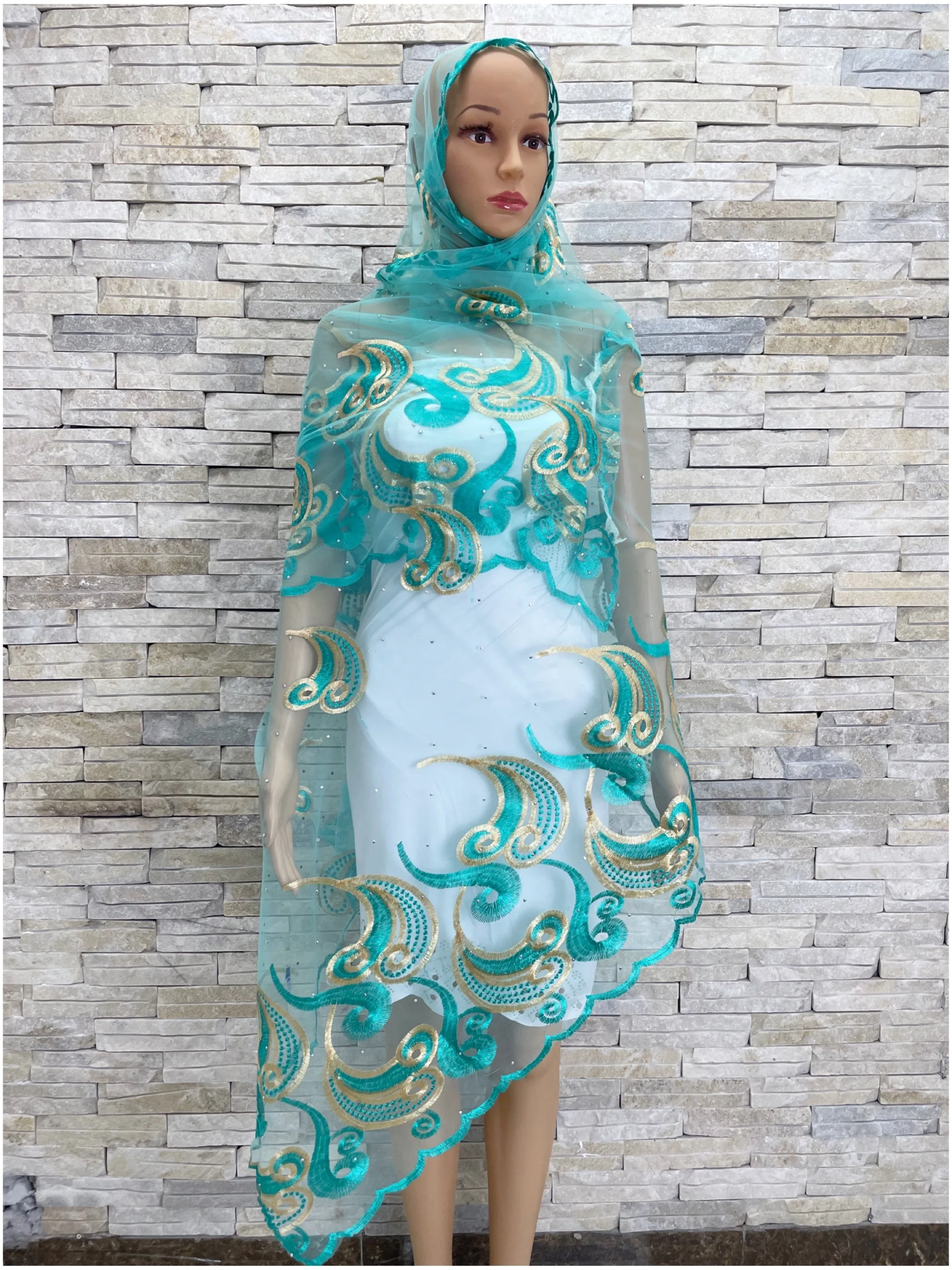 2023 nueva moda musulmana Net Hijab Wrap bufanda chal africano Ramadán bordado con malla de diamante Islam Dubai bufanda 200*100cm