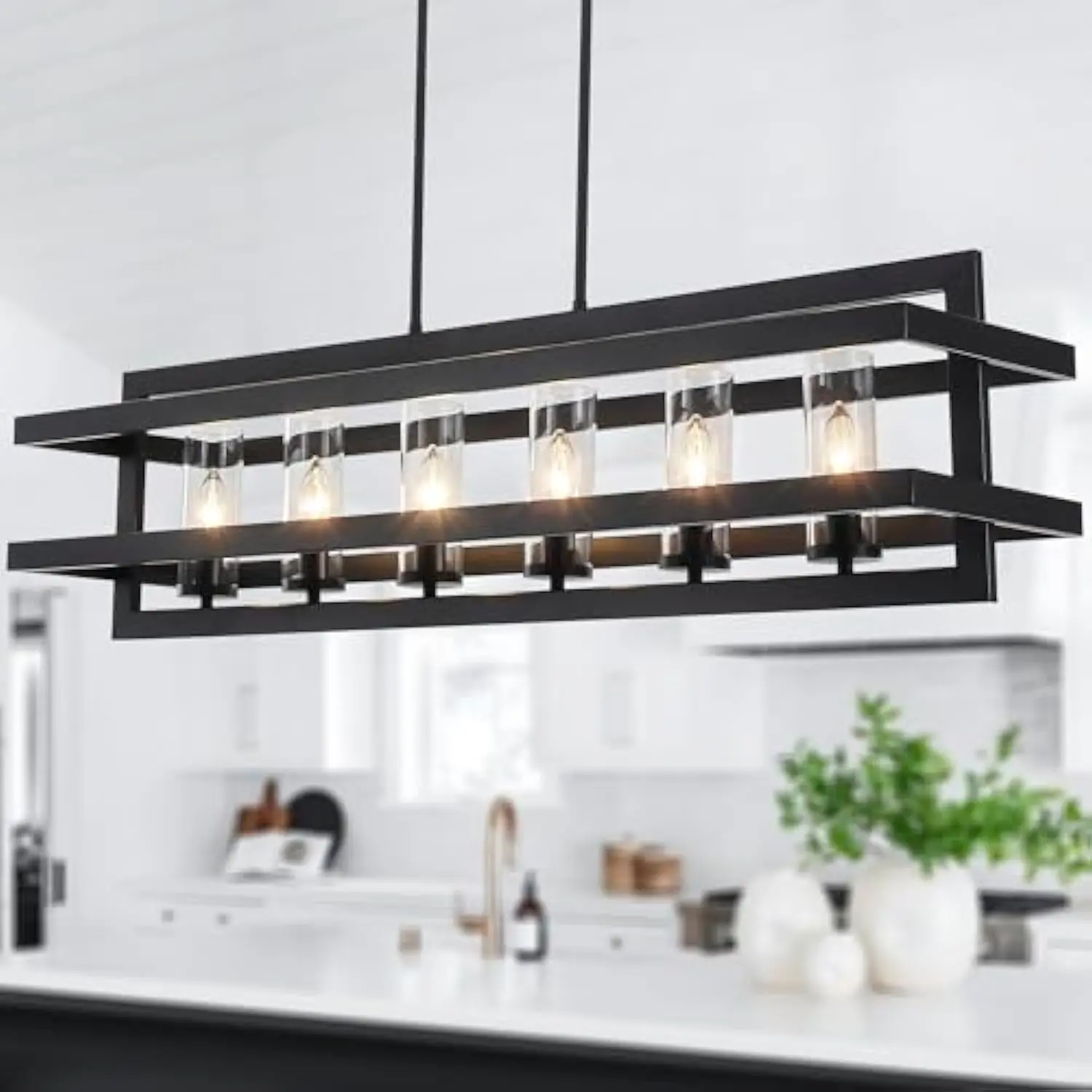 

41" Black Pendant Lights Kitchen Island Dining Room Light Fixtures 6-Light Rectangle Glass Shade Kitchen Island Lighting, Large