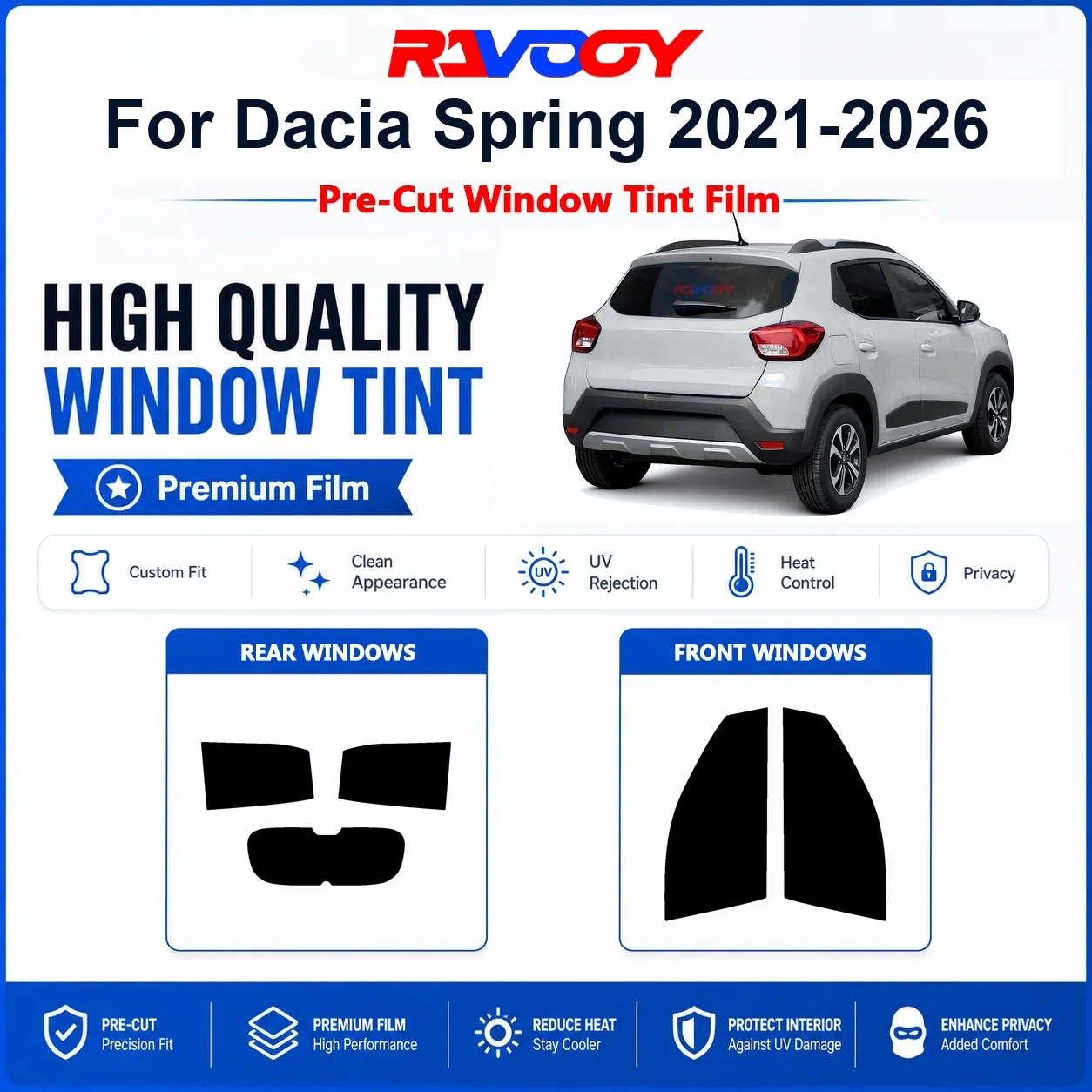 Pellicola Oscurante Premium Pretagliata per Finestrini Dacia Spring 2021-2026 Anteriori e Posteriori, Protezione UV e Privacy
