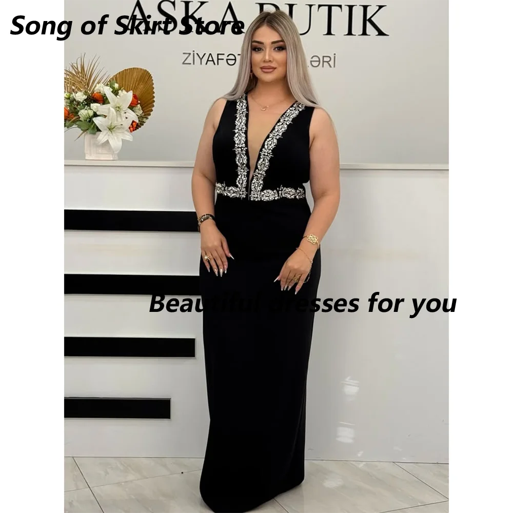 

Black Evening Dress Customized V-Neck Sleeveless Crystals Straight Jersey Arabian Evening Gown Formal Party Dresses