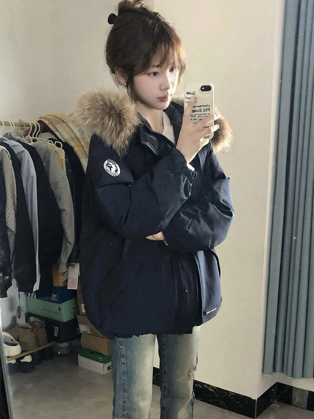 

Мужская пуховая парка с большим меховым воротником, зимняя теплая утепленная верхняя одежда для пар, свободный прямой крой Cleanfit