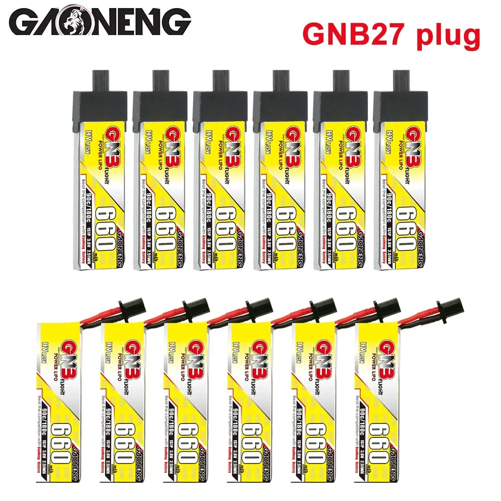 

6PCS GAONENG 1S 660mAh 3.8V 90C/180C HV 4.35V Lipo Battery With High Current Discharge GNB27 Plug For RC FPV Drone Helicopter