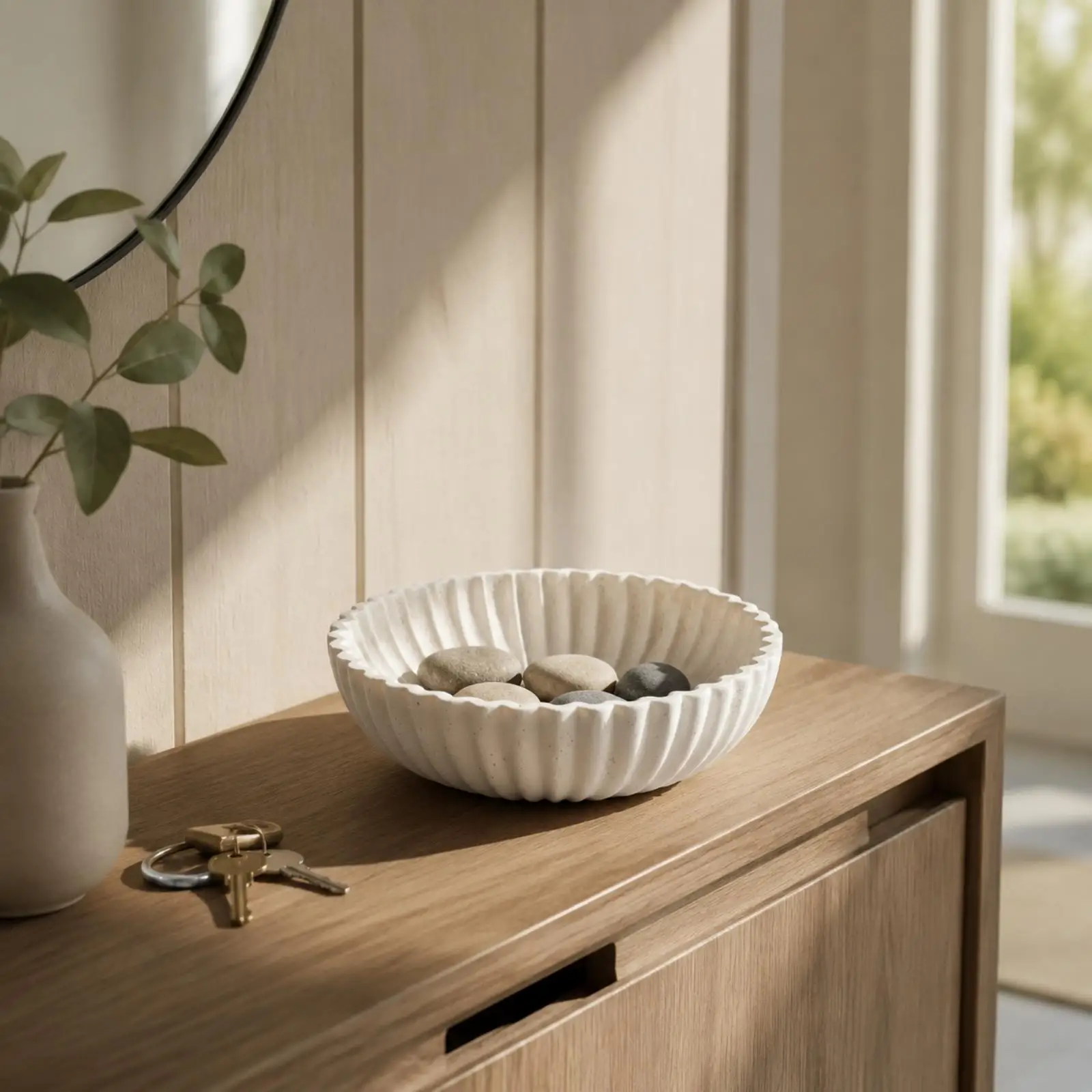 Polished Stone Serving Bowl Tray for Fruits Dried Goods Small Items Fluted Surface Round Dish for Table Kitchen Decor