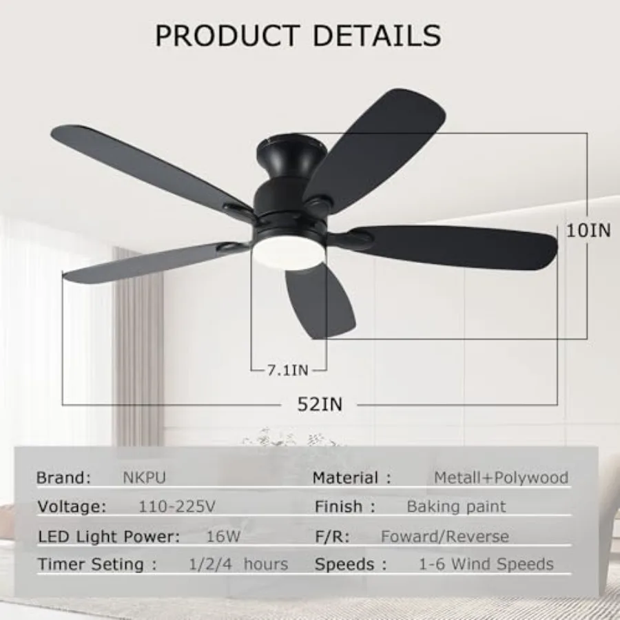 52inch Black Ceiling Fans with Lights Low Profile Ceiling Fan with Light and Remote/APP Control Reversible DC Motor Noiseless D