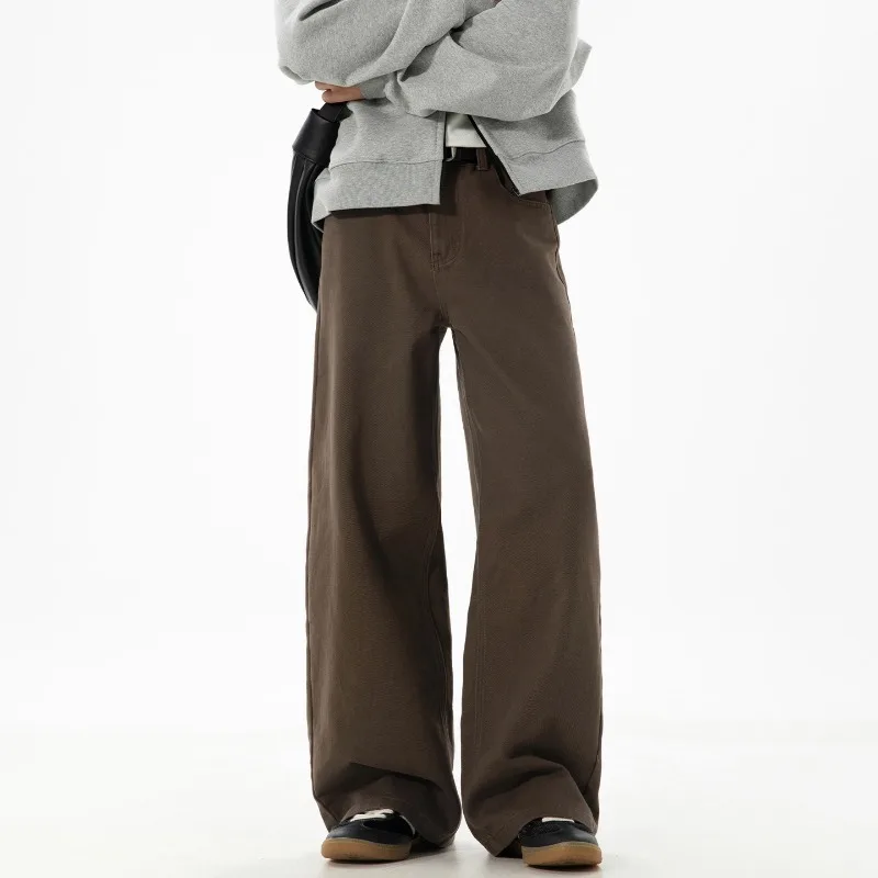 Men's Twill Cotton Relaxed Straight Leg Casual Pants Vintage High Waist Trousers Fall